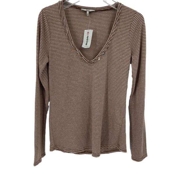BKE Buckle V-Neck Knit Shirt Brown Cream Stripe Top Women's Size XS - Picture 1 of 14